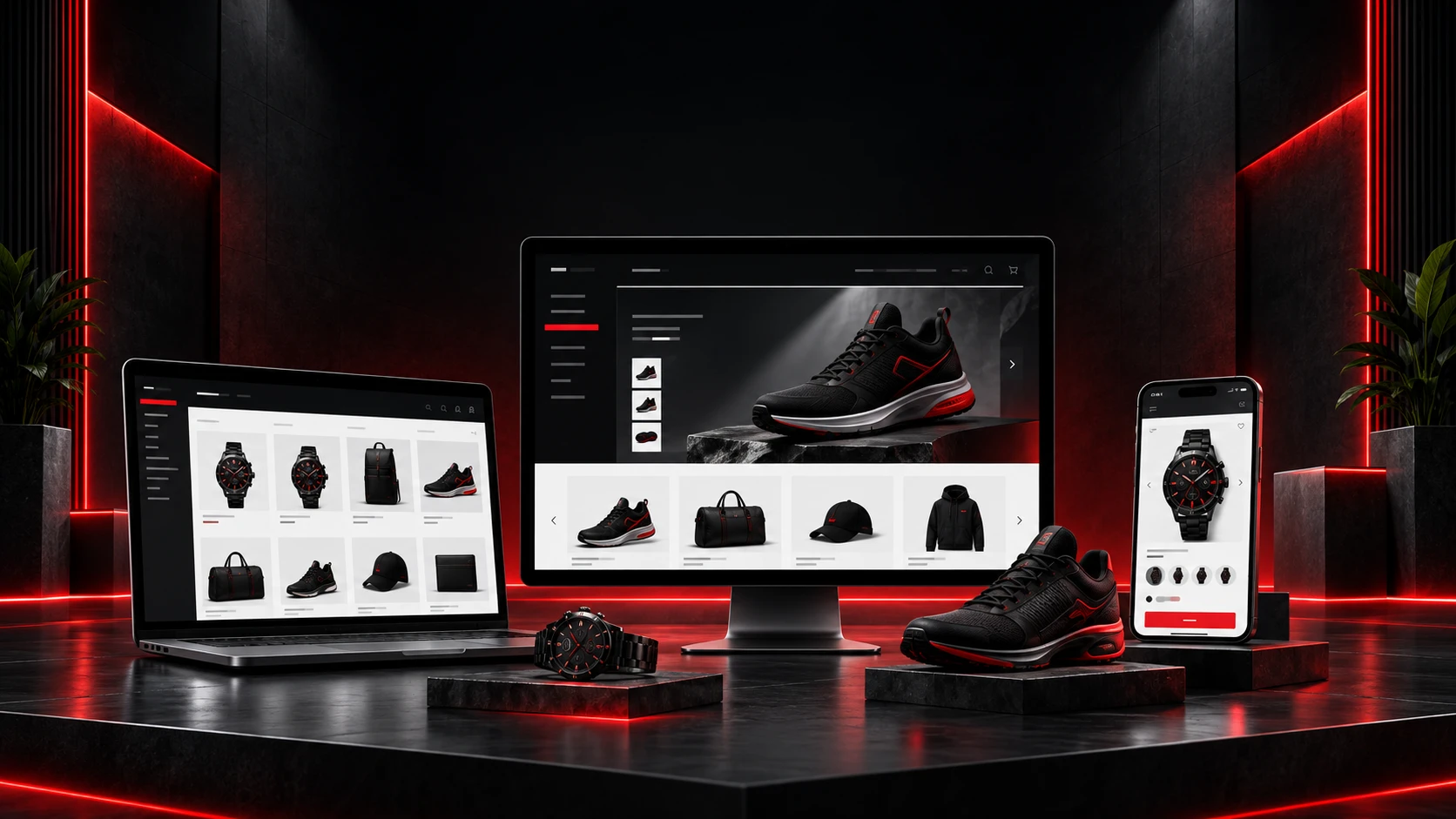 Illustration of ecommerce websites on desktop and mobile screens